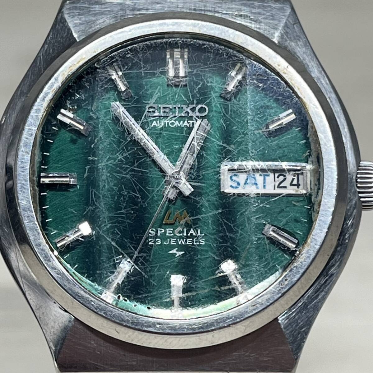 ●【YH-8178】中古現状品 SEIKO LM SPECIAL セイコー ロードマチック スペシャル デイデイト 5216-7040 腕時計 23石 緑文字盤 稼働品 _画像2