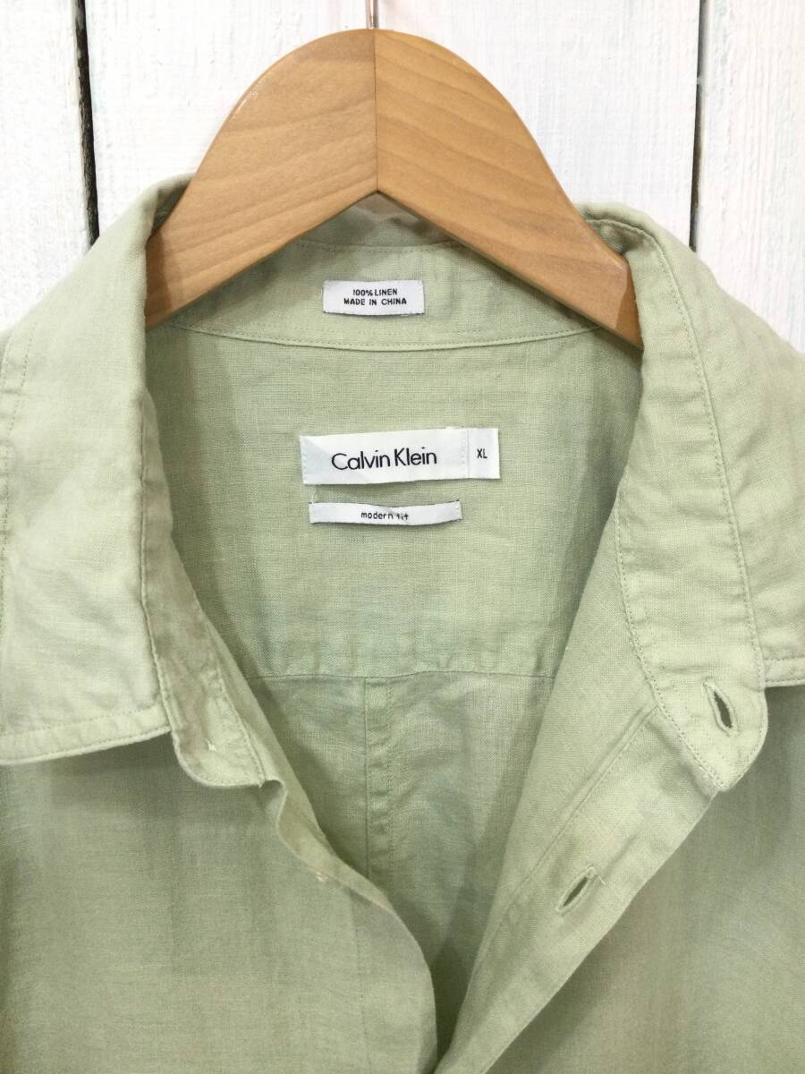 CALVIN KLEIN カルバンクライン リネンシャツ 半袖シャツ 単色無地 メンズXL 大きめ 良品_画像10
