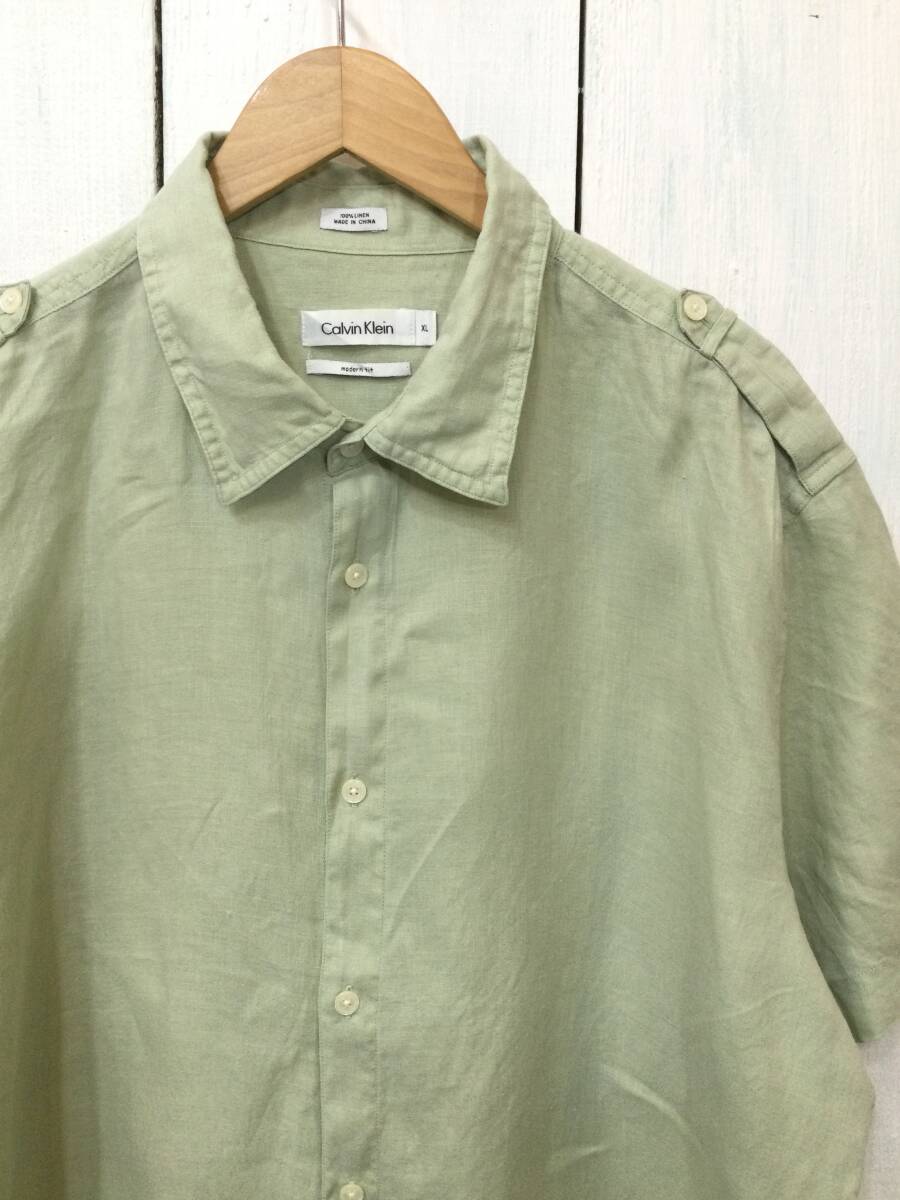 CALVIN KLEIN カルバンクライン リネンシャツ 半袖シャツ 単色無地 メンズXL 大きめ 良品_画像2