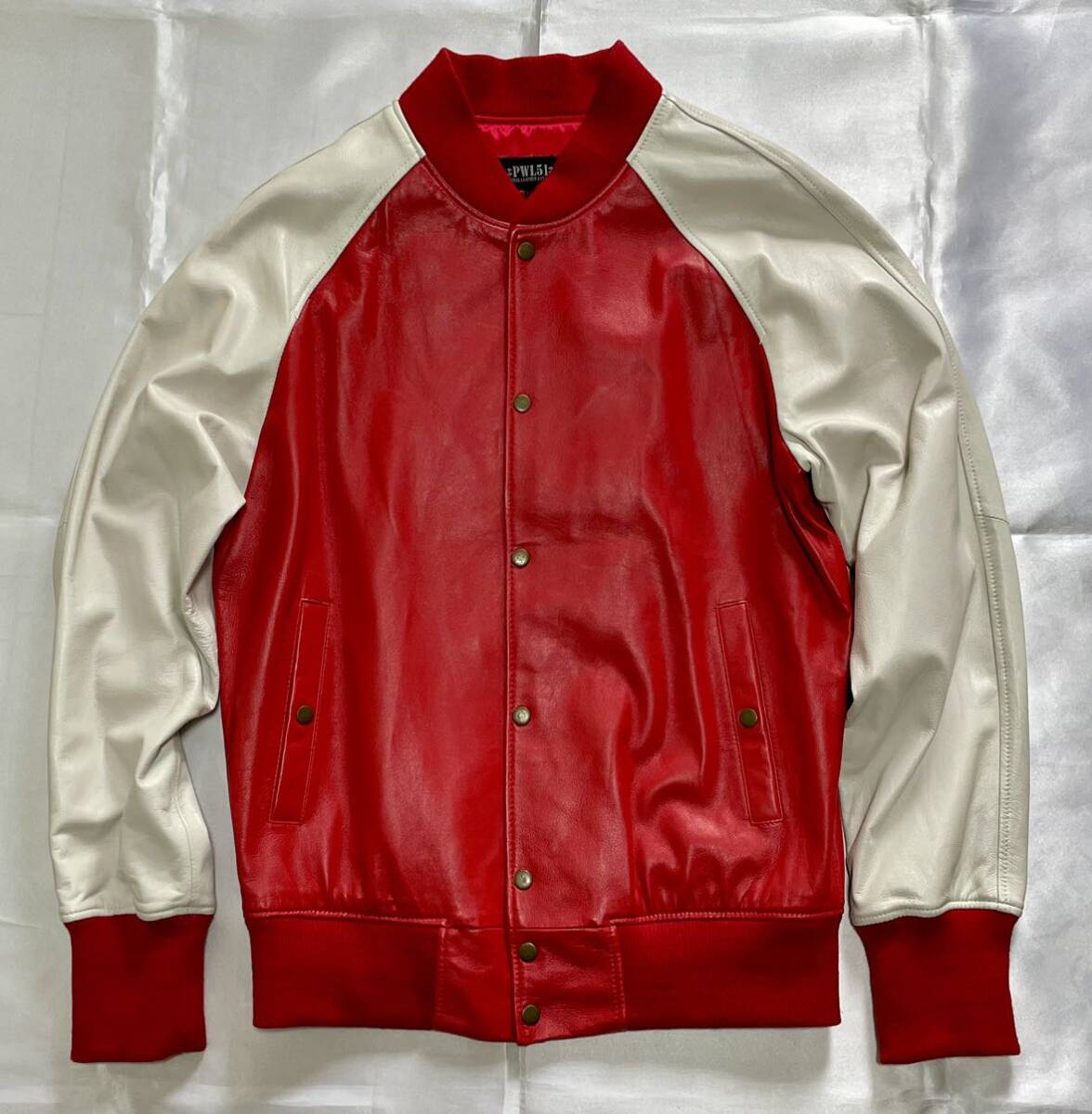 【PWL51】本革スタジャン・イタリアレザー・柔らかくしなやかなイタリア製羊皮・韓国縫製・メンズMサイズ・赤白の画像1