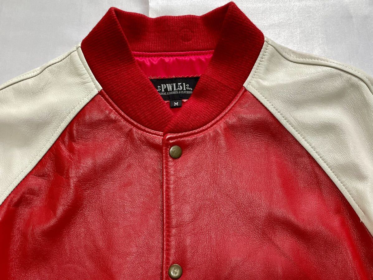 【PWL51】本革スタジャン・イタリアレザー・柔らかくしなやかなイタリア製羊皮・韓国縫製・メンズMサイズ・赤白の画像3