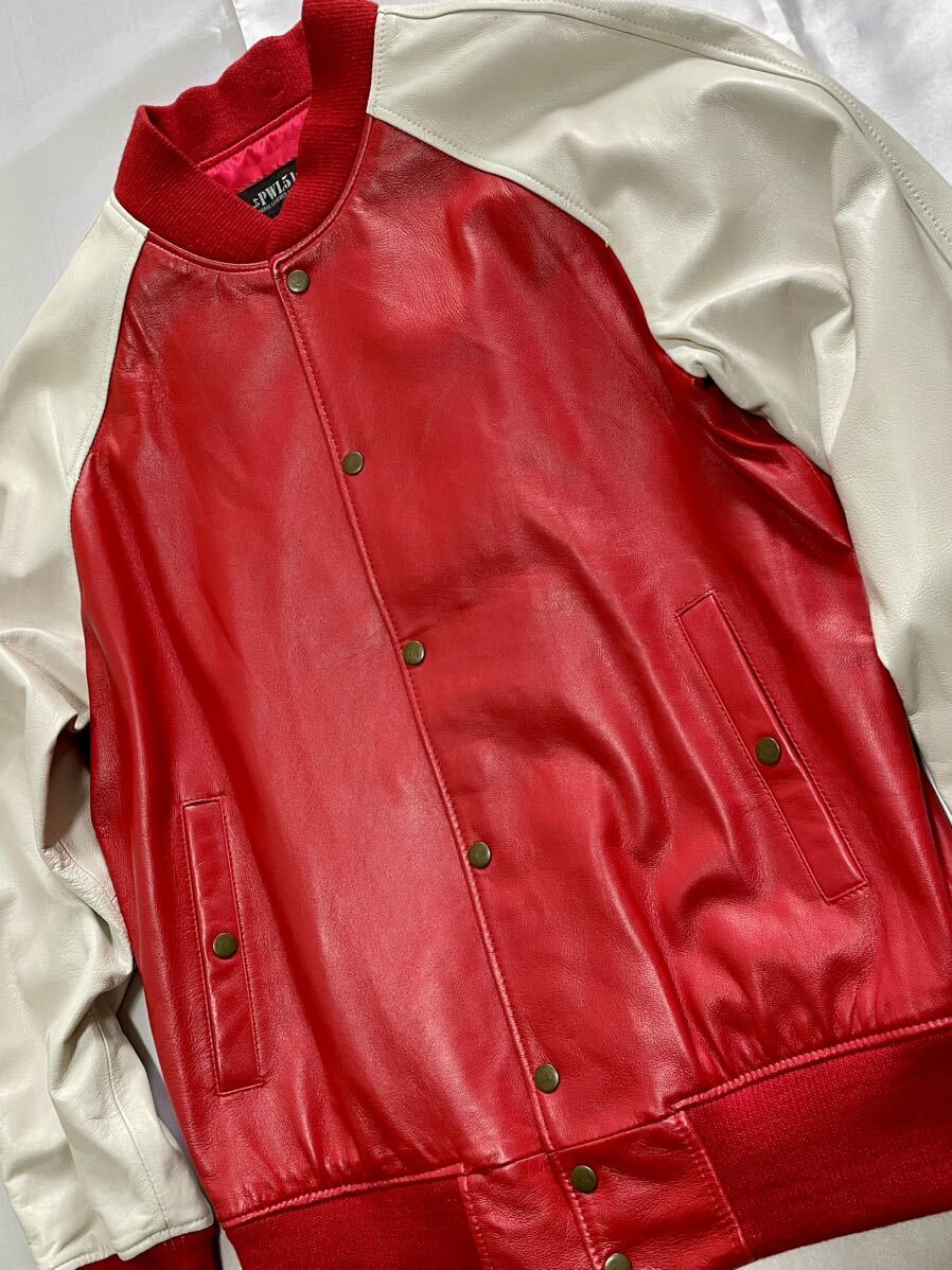 【PWL51】本革スタジャン・イタリアレザー・柔らかくしなやかなイタリア製羊皮・韓国縫製・メンズMサイズ・赤白の画像7
