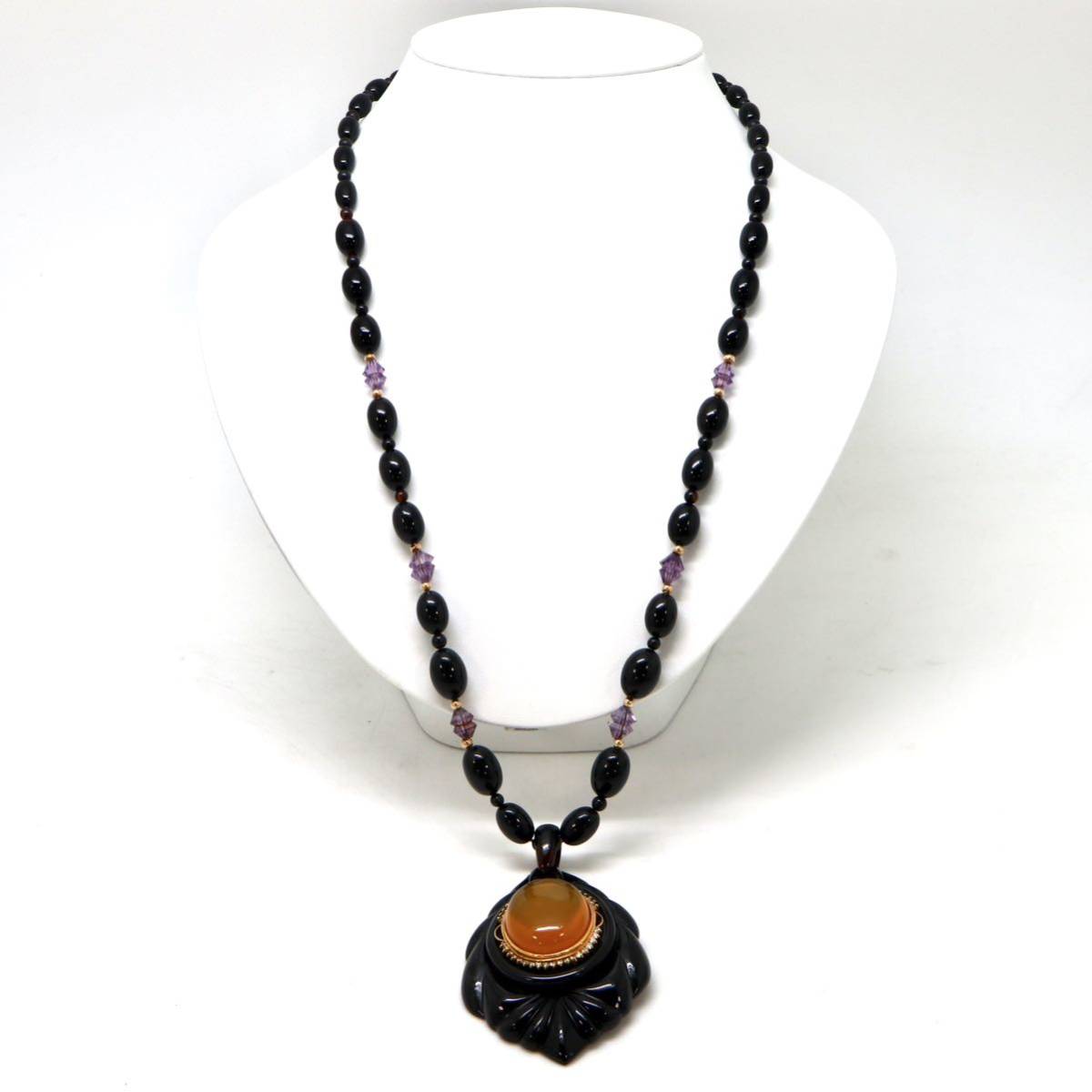 ◆K18 天然石/天然ダイヤモンドネックレス◆M 約41.1g 約65.0cm 琥珀 コハク アメジスト jewelry necklace ジュエリー EA7/EA7_画像2