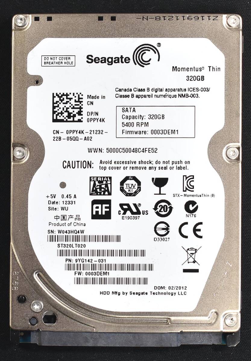 SEAGATE ST320LT020 [320GB 5,400rpm 2.5インチ 7mm SATA HDD 2012年製 使用時間 866H (Cristal DiscInfo 正常) (T08-5_画像1