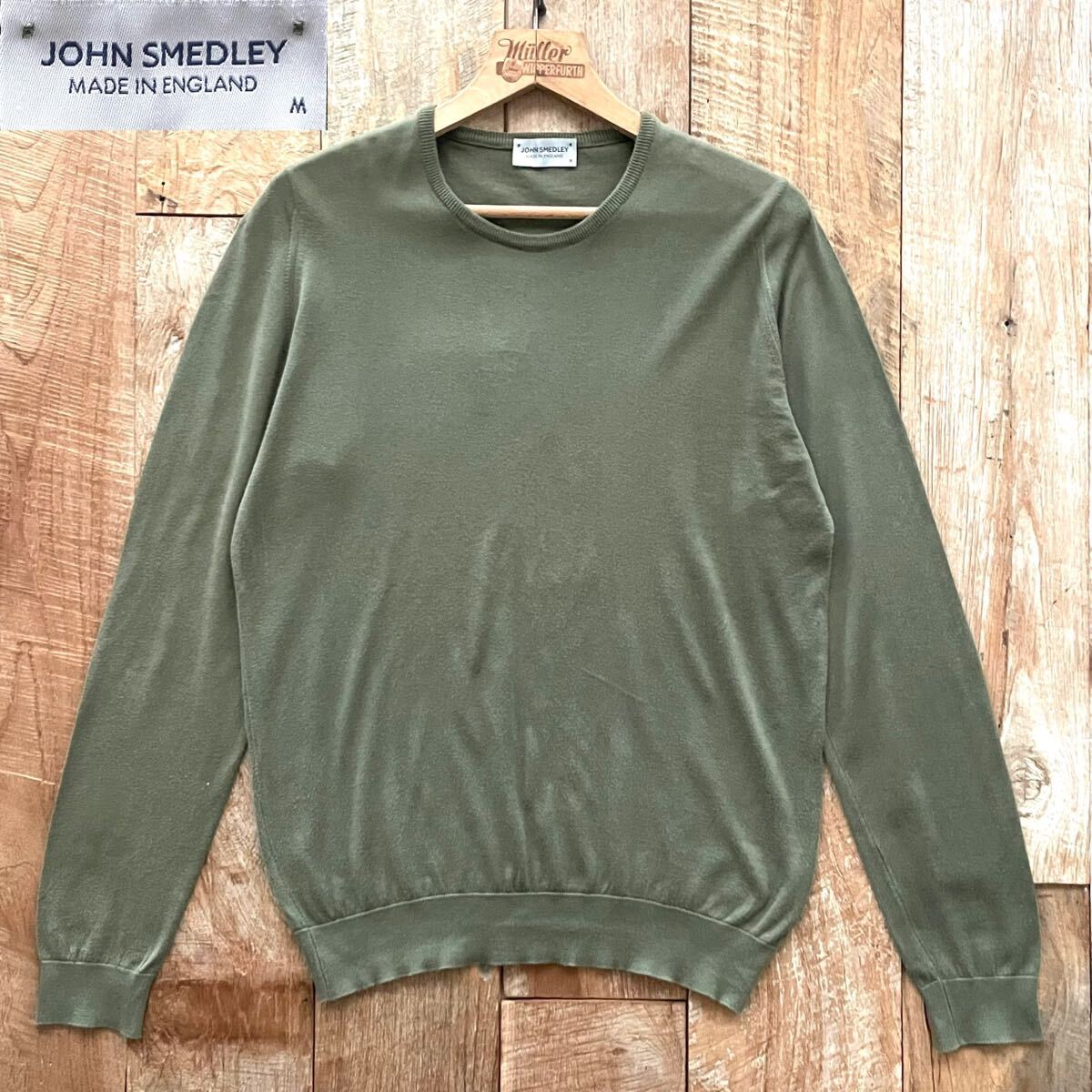 【美品】JOHN SMEDLEY ジョンスメドレー シーアイランドコットン クルーネック ニット M オリーブ ユナイテッドアローズ 取扱_画像1