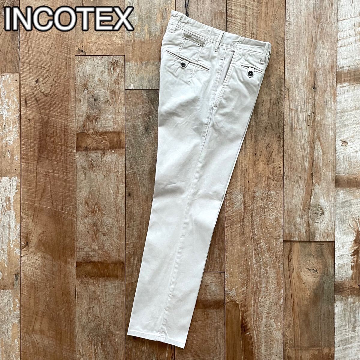 【美品】INCOTEX SLACKS インコテックス ヴィンテージ加工 テーパード コットン スラックス パンツ 29 ライトベージュ BEAMSF取扱_画像1
