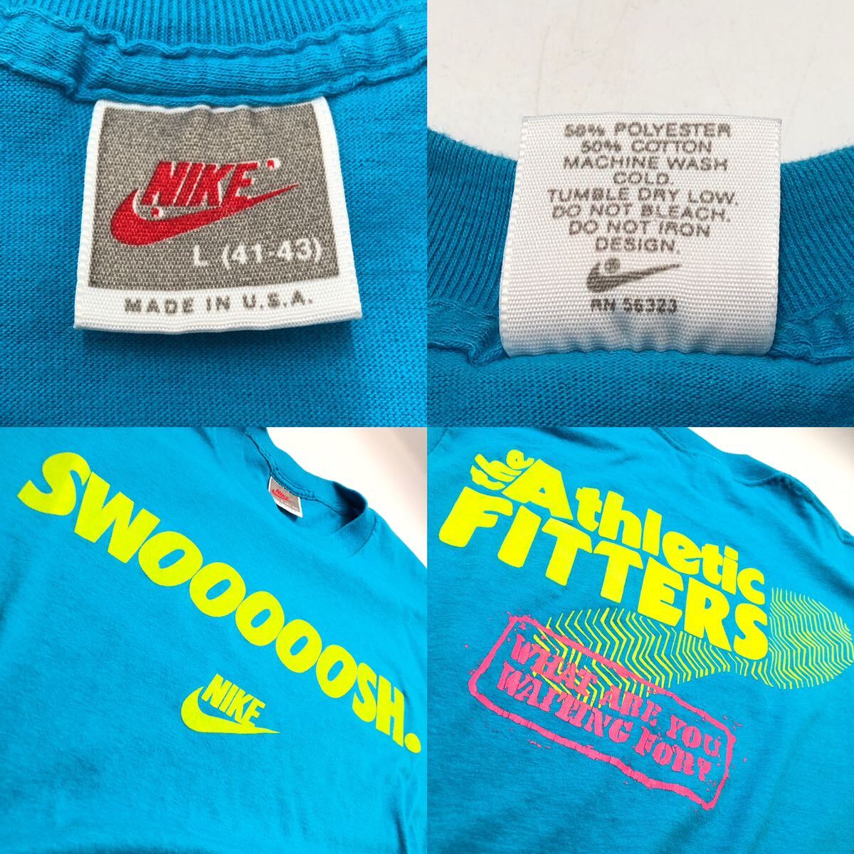 【L】90s Vintage Nike Swooooosh T-Shirt Aqua Blue ナイキ スウッシュ Tシャツ ブルー 青 半袖 USA製 T156の画像8