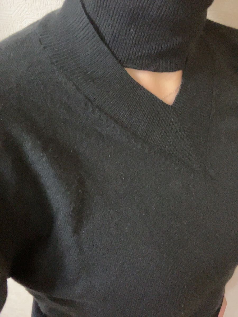 ニット セーター 暖か　ブラック　デザインニット　韓国　Ｖネック　タートルネック　長袖