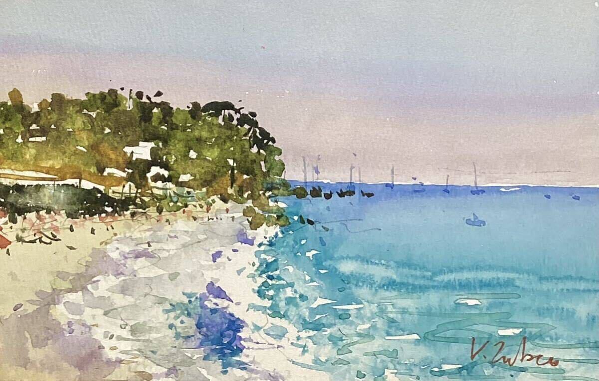  Italy *[ higashi .. painter ]Vitalie ZUBCO* large . pavilion name .. painter *[ Italy. sea side ]21×13.5.(w3-3)* watercolor scenery genuine work amount none sea 