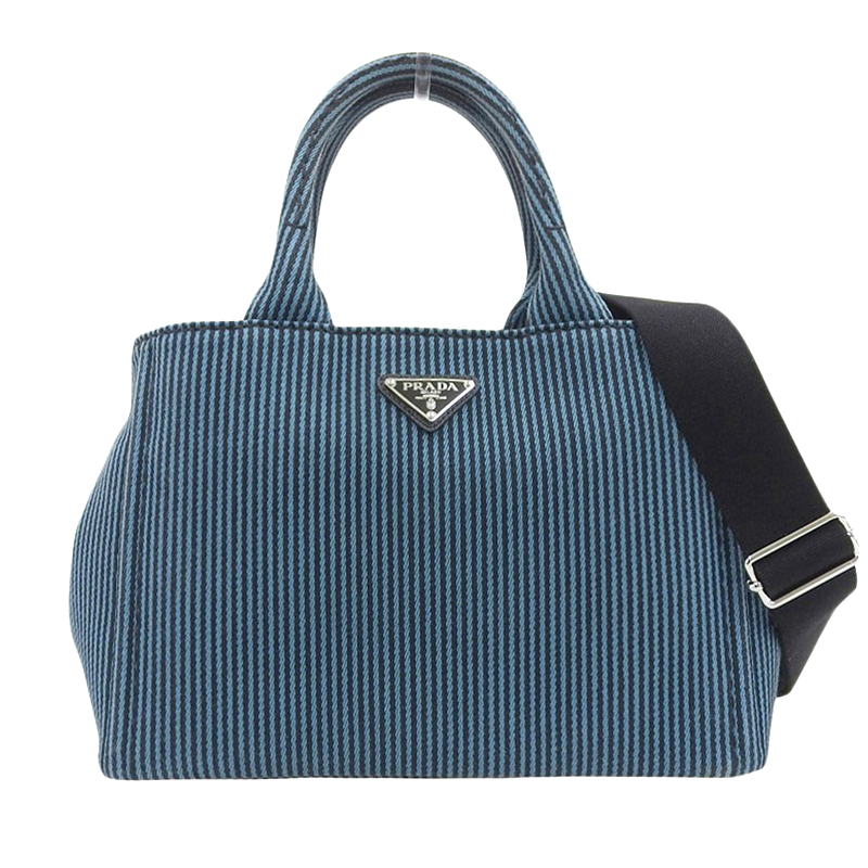 プラダ PRADA カナパ 2WAYバッグ トートバッグ ショルダーバッグ ストライプ キャンバス ブルー/ブラック 1BG439 中古 新入荷 OB1731