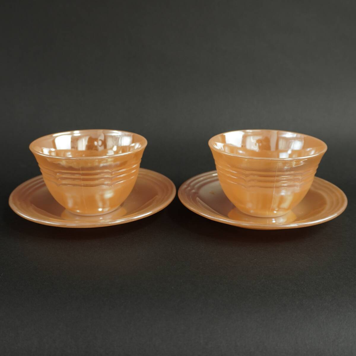 Fire King Peach Raster Cup & Saucer 2pcs Vintage ファイアーキング カップ ソーサー ティーカップ ヴィンテージ 2個セット 1960年代