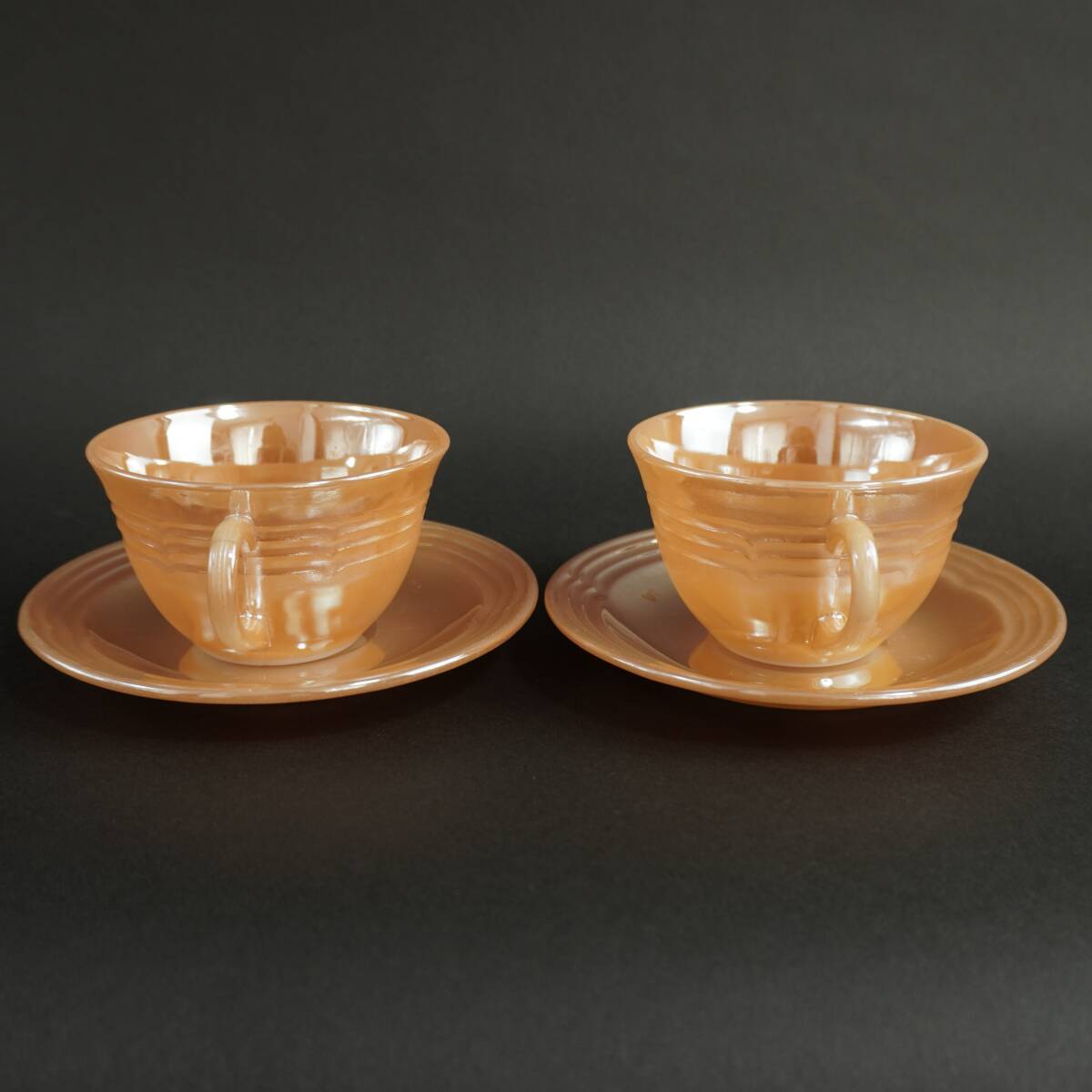 Fire King Peach Raster Cup & Saucer 2pcs Vintage ファイアーキング カップ ソーサー ティーカップ ヴィンテージ 2個セット 1960年代