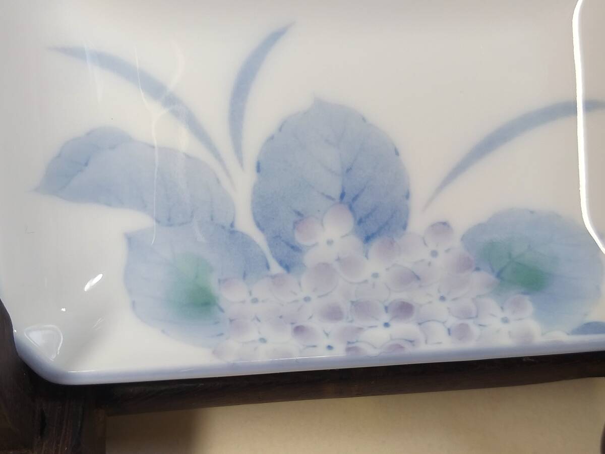 【壽】手工芸彩絵角型油皿『紫陽花』5客/組セット品揃える●作者銘あり 日本製 盛り皿 和食器 居酒屋 料亭 和風 日本料理 新品 No253