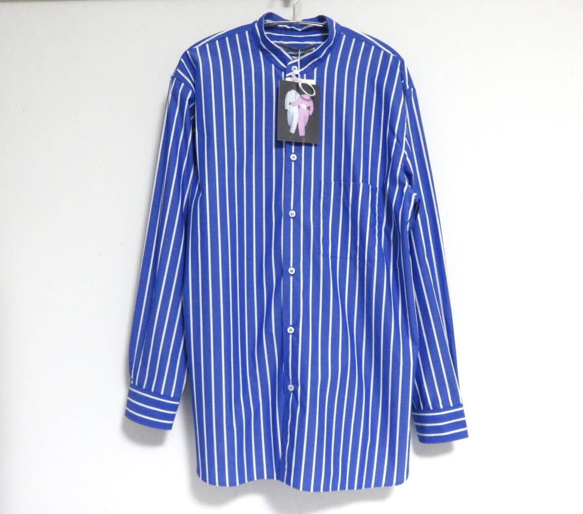 定価7.1万 新品 Cristaseya Cotton Mao Shirt M ストライプ ブルー イタリア製 クリスタ セヤ Crista seya バンドカラー マオカラー シャツ