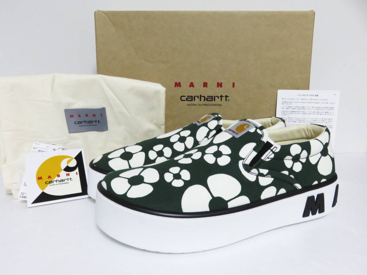 定価9.7万 新品 MARNI × CARHARTT WIP スリッポン キャンバス スニーカー 44 グリーン ホワイト イタリア製 マルニ カーハート コラボ 靴