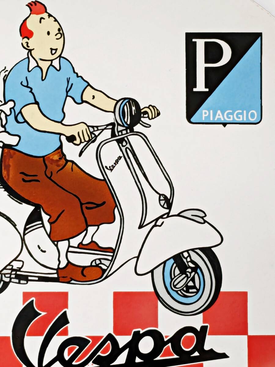 希少 ヴィンテージ スチール製ホーロー看板【ベスパ Vespa PIAGGIO タンタンの冒険★ビッグサイズ 直径76cm★アメリカ製サインプレート】_画像2