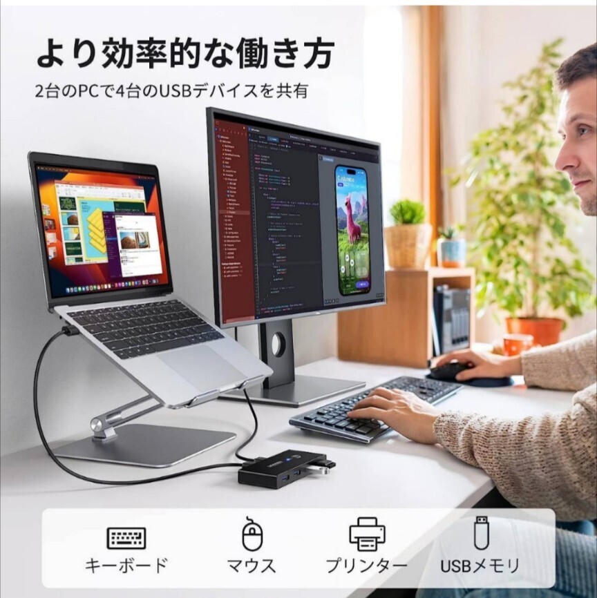 UGREEN 切替器 3.0 高速転送 USB 切り替え PC2台用 プリンタ マウス キーボード ハブ