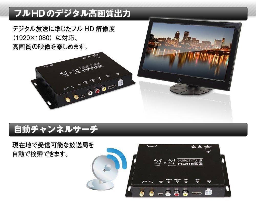 MAXWIN 車載用地上波デジタルチューナー 4×4アンテナ HDMI出力 自動チャンネルサーチ フルセグ/ワンセグスピード切替 12/24V対応 FT44G_画像7