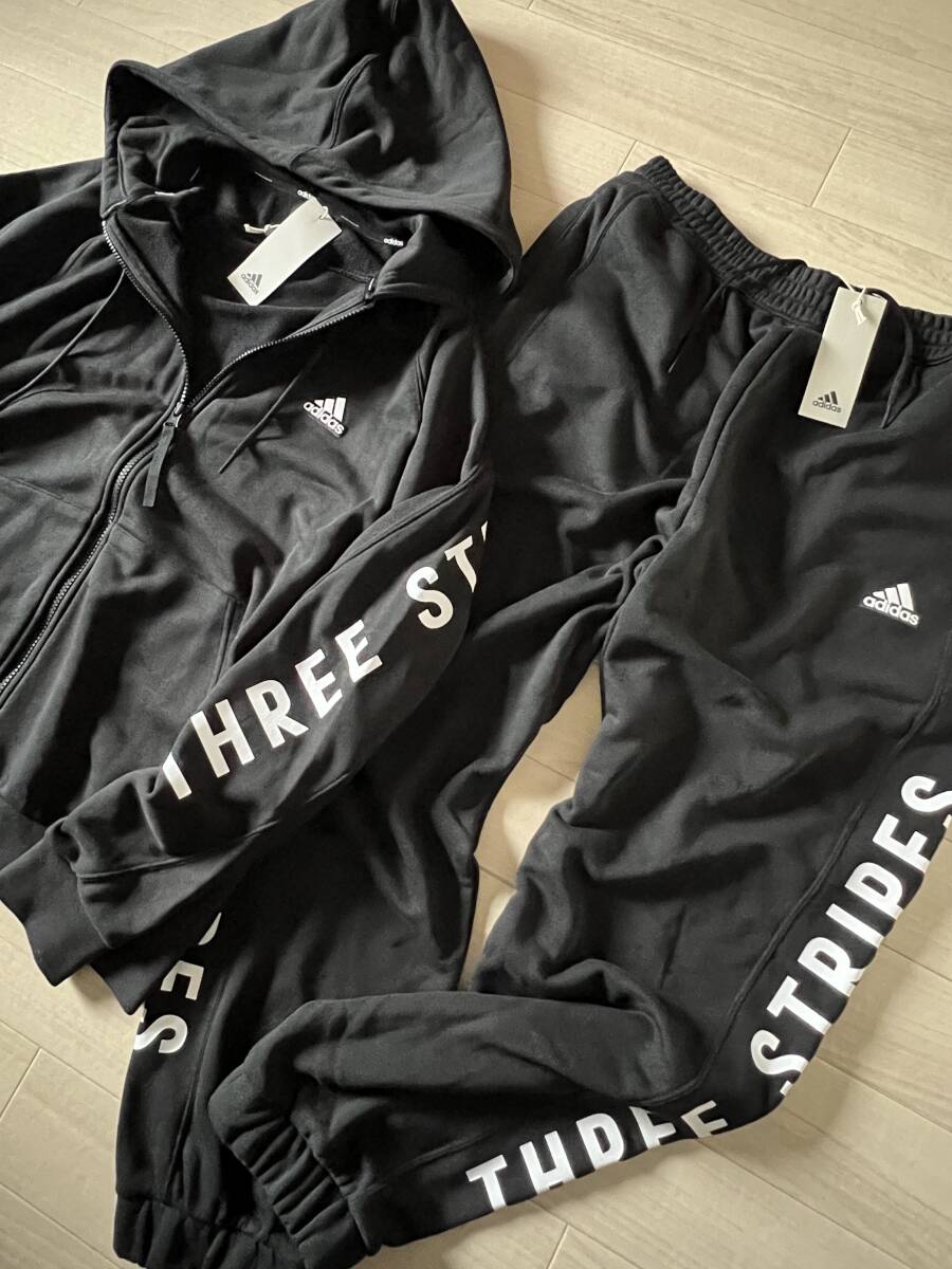 adidas■アディダス〔M〕THREE STRIPES 上下 セット パーカー スウェットパンツ 黒 ブラック 白 フレンチテリー〔裏パイル織〕 24'春_画像6