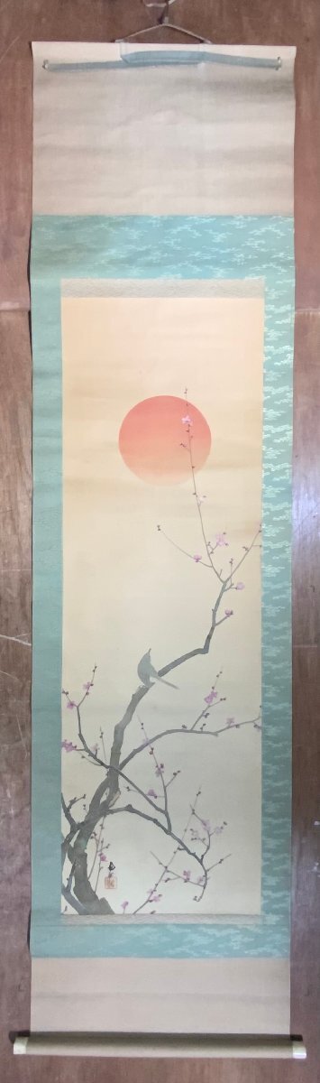 BP-653 ■送料込■ 尾竹国観 初音 共箱付き 掛軸 絹本 梅 鶯 日本画 肉筆 絵画 美術品 戦前 レトロ 新潟県画家 207×60cm /くJYら_画像1