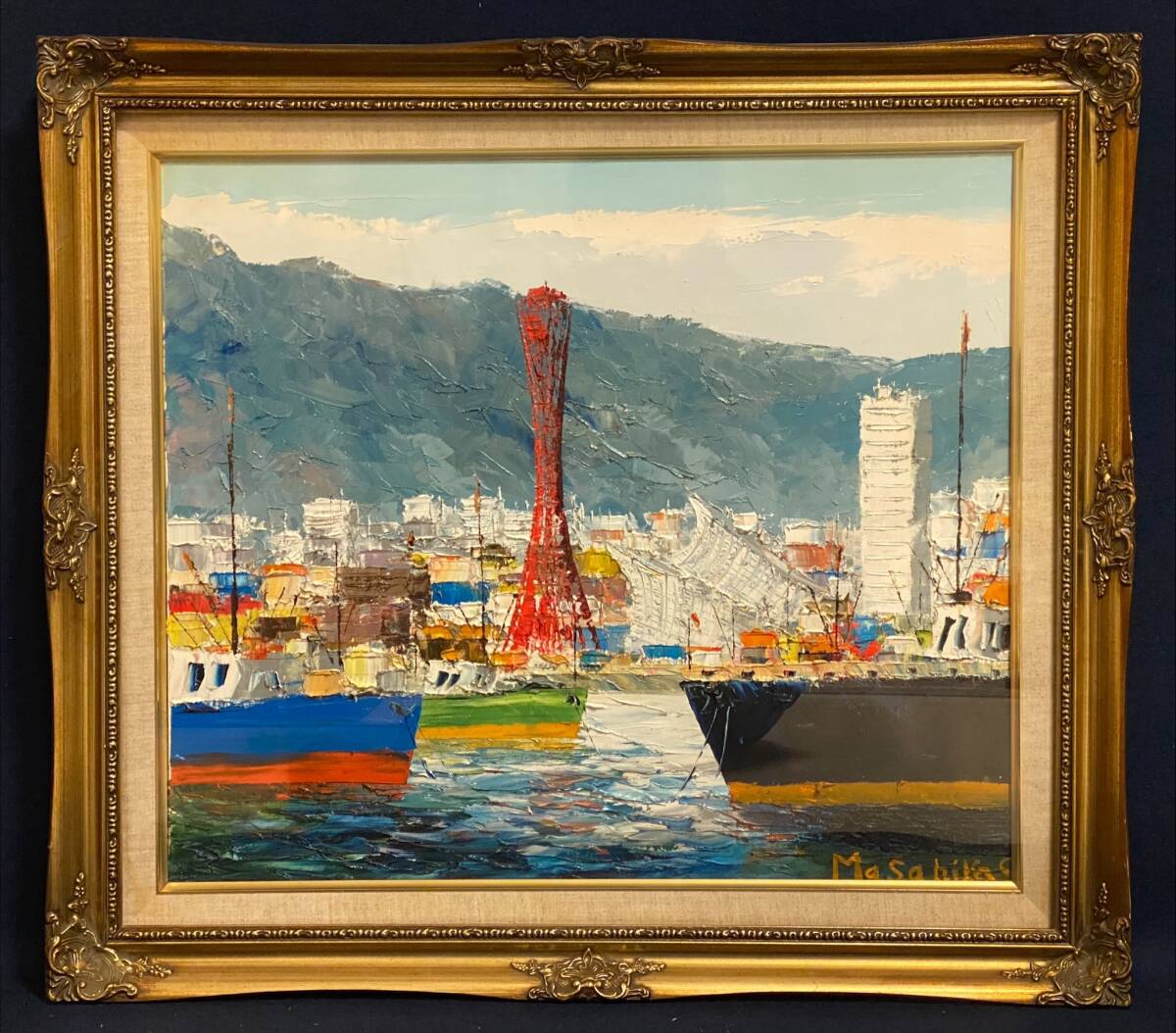 「模写」作家不明 神戸港 風景画 油絵 絵画 油彩画 額装の画像1