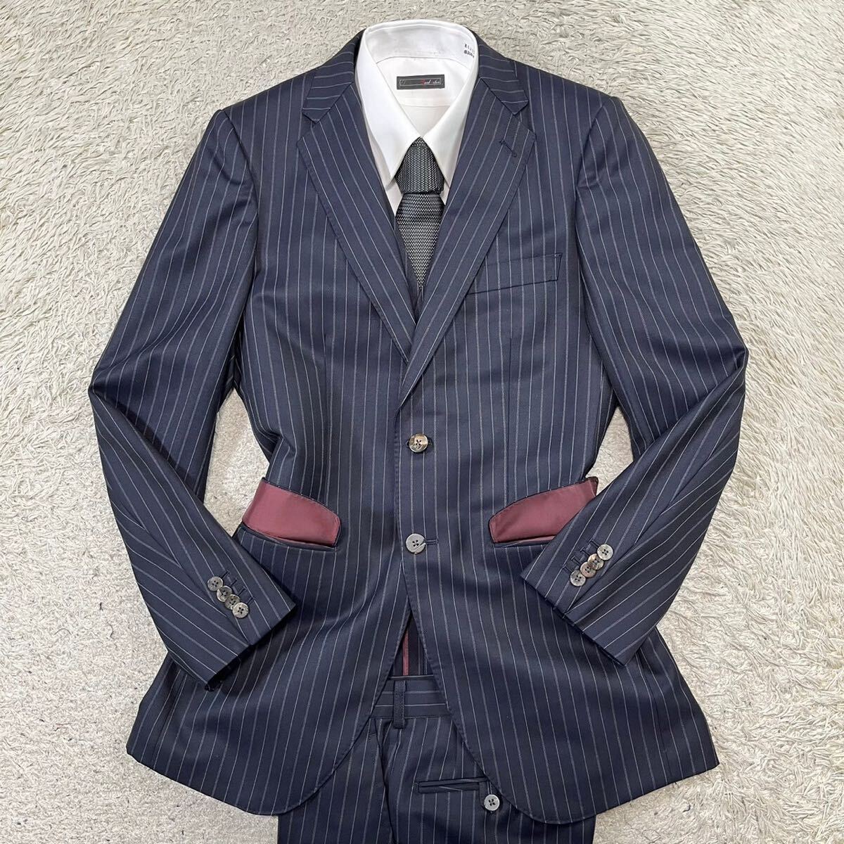  Dunhill [ top class. 3 piece ]dunhill suit setup three-piece tailored jacket navy dark blue M rank 