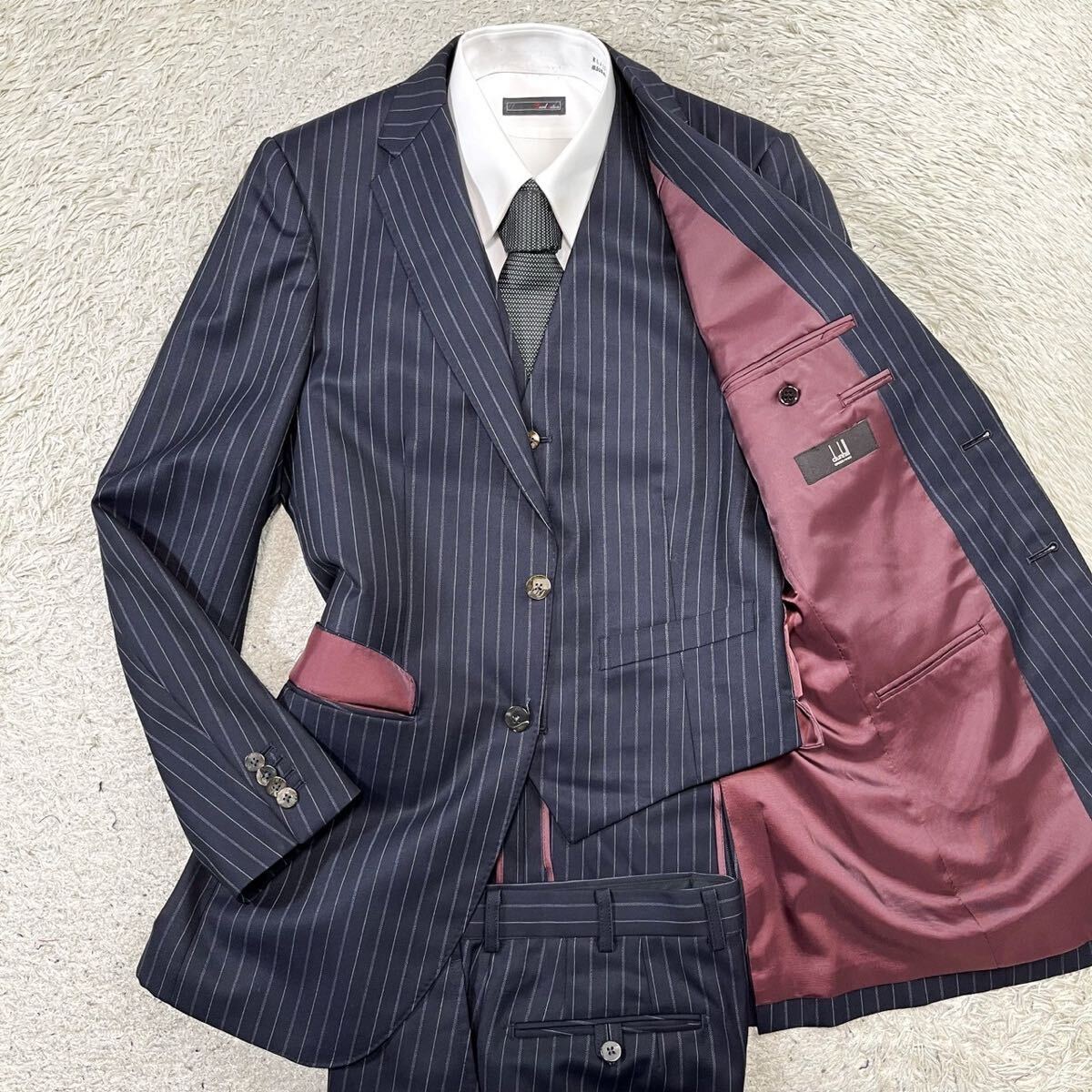  Dunhill [ top class. 3 piece ]dunhill suit setup three-piece tailored jacket navy dark blue M rank 