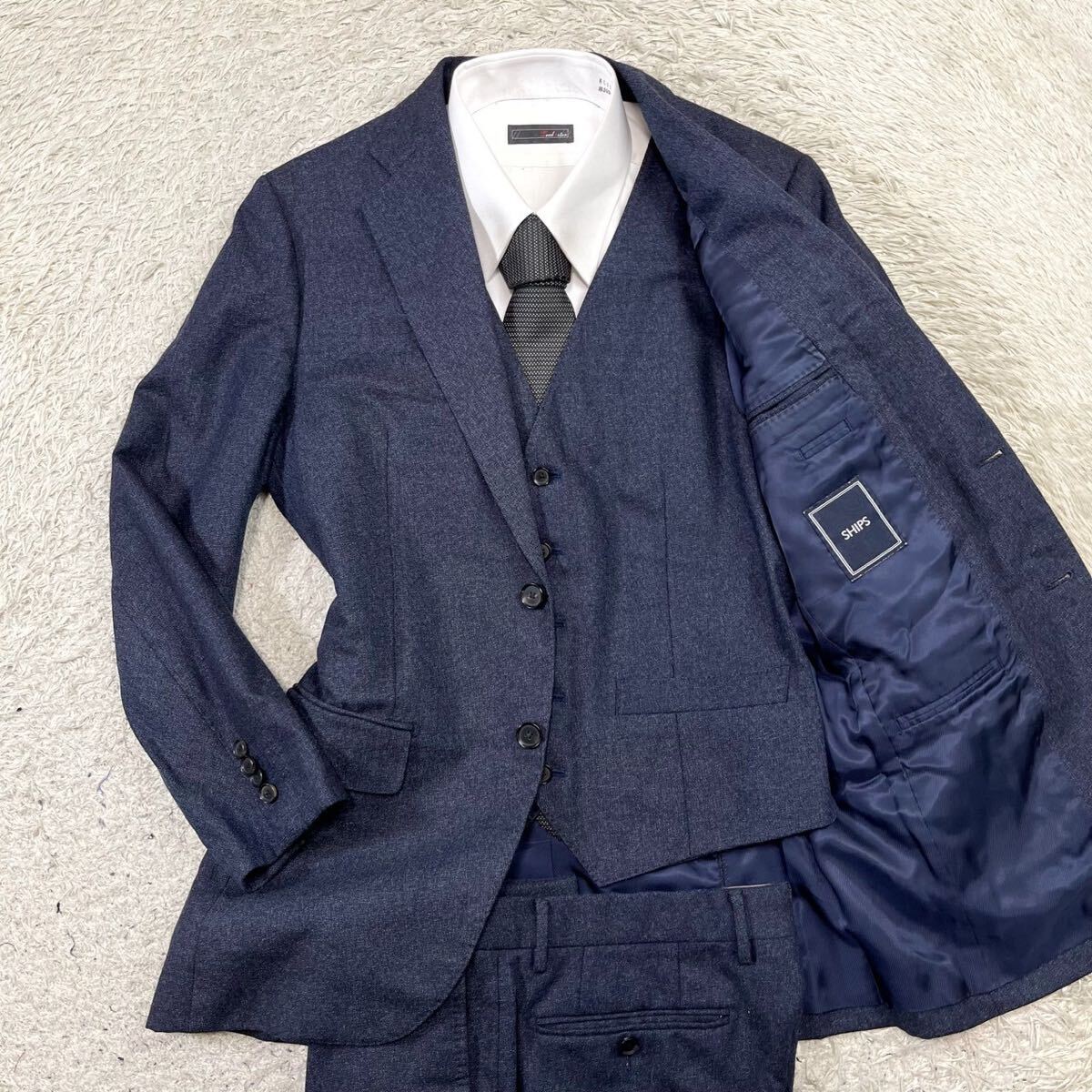  Ships Loro Piana [. height. 3 piece ]SHIPS Loro Piana suit setup three-piece jacket tweed navy dark blue M rank 