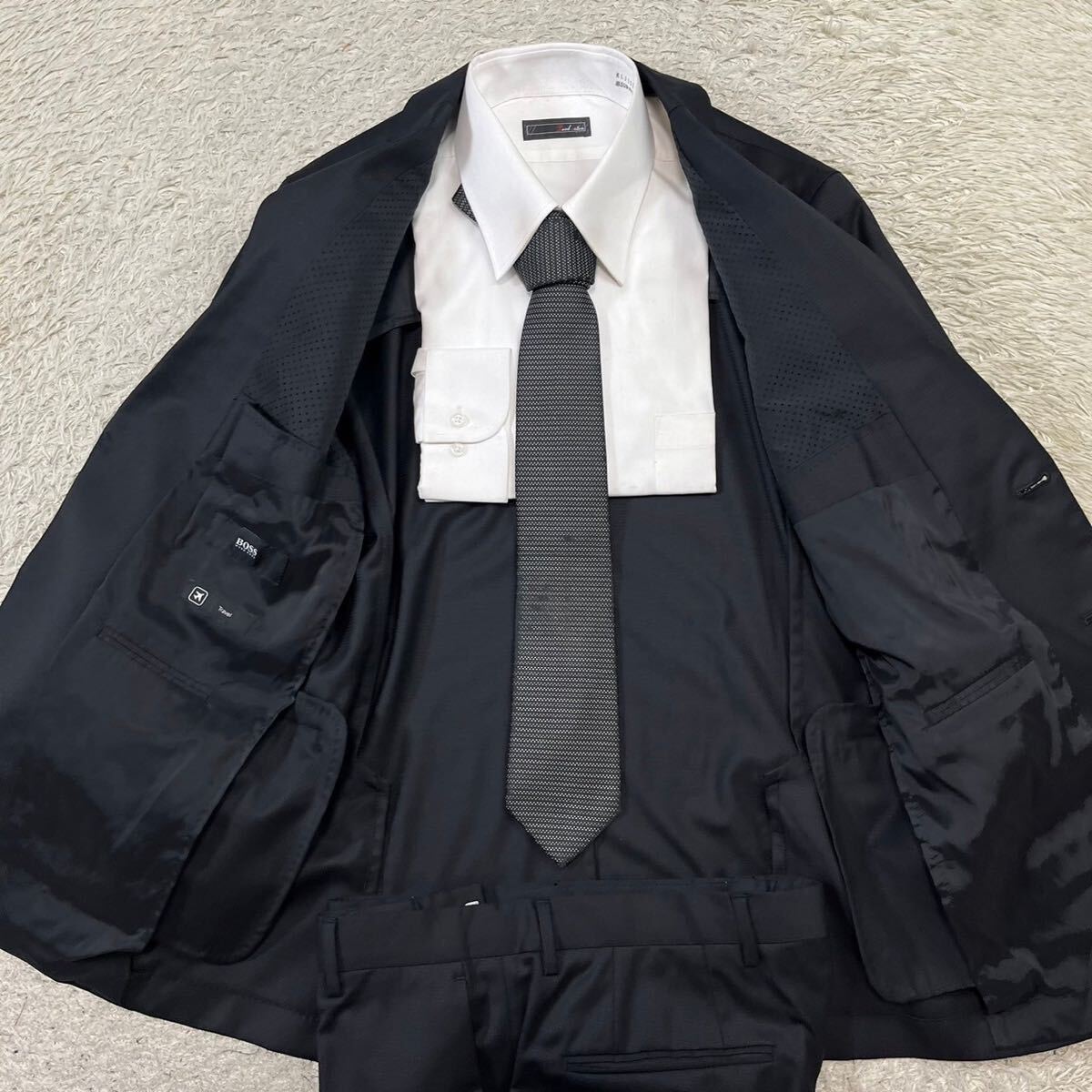  Hugo Boss travel [ popular one put on ]HUGO BOSS suit setup tailored jacket weave pattern stretch black black M rank 