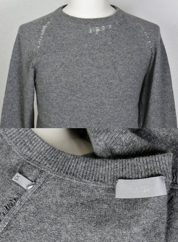 04AW Dior Homme ディオールオム クラッシュ レザー エルボーパッチ クルーネック カシミヤ ニット セーター XS cashmere sweater b7848_画像2