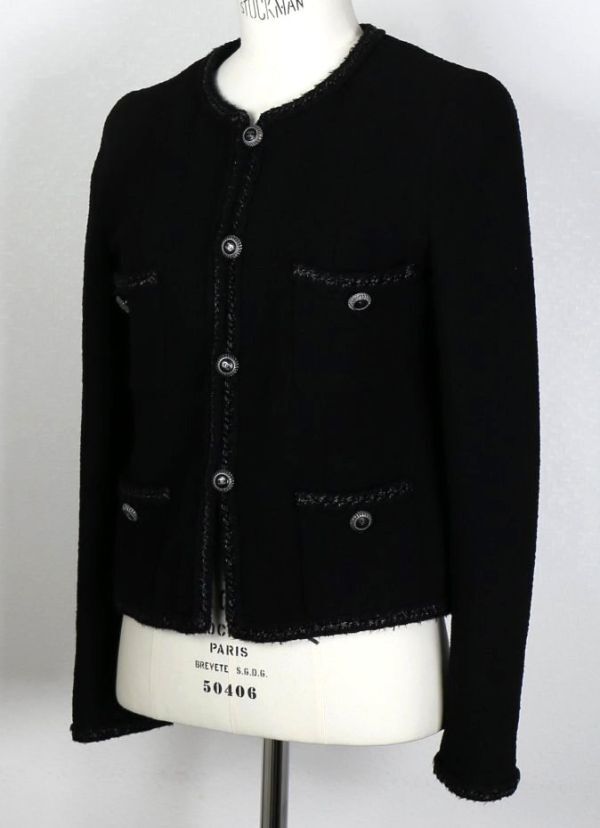 08A CHANEL シャネル リトルブラック ノーカラー ツイード ジャケット 36 black tweed jacket b7845の画像3