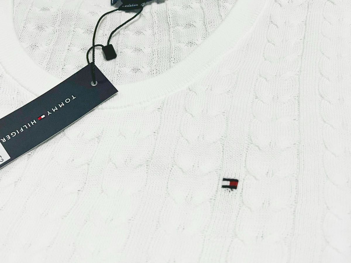 新品 L トミーヒルフィガー　ケーブルニット　薄手　セーター　白 長袖 ニット　綿100%