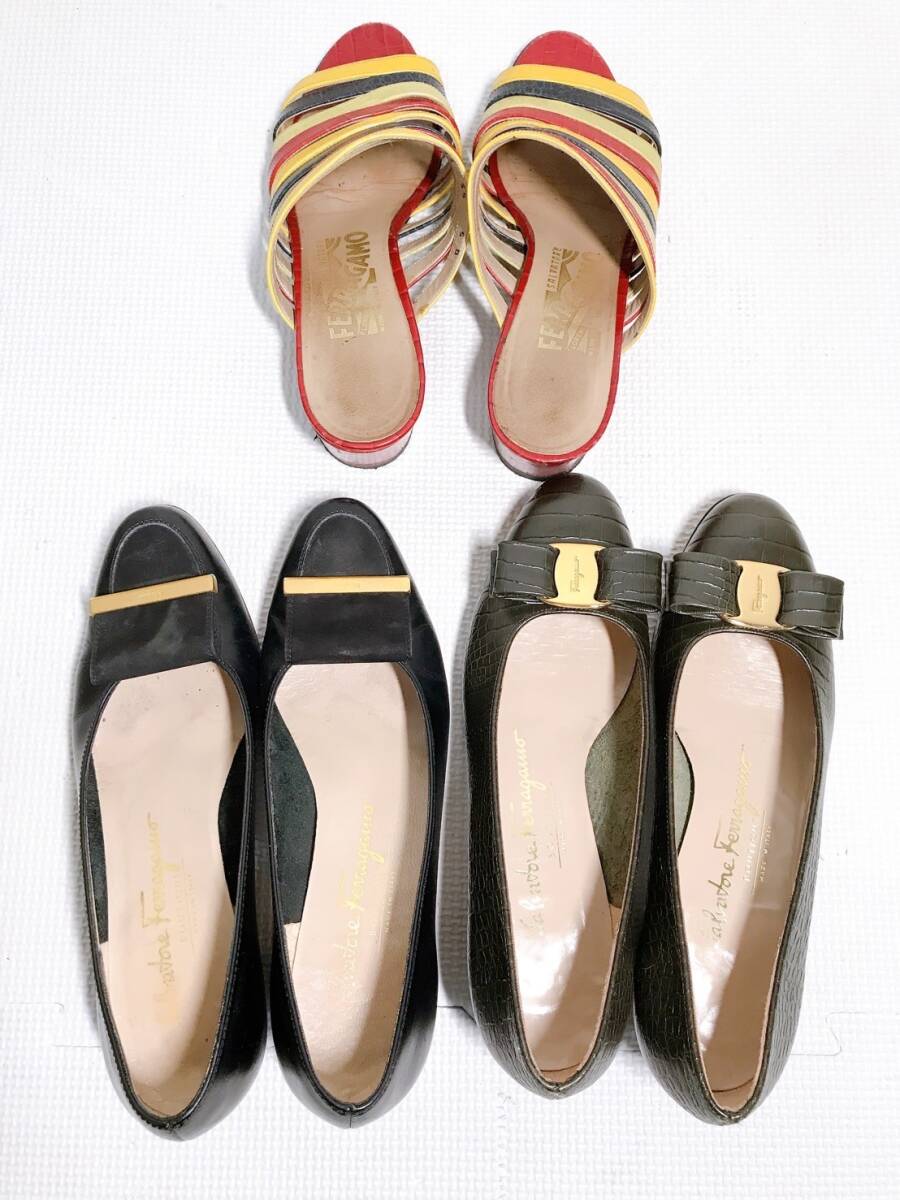 ★Ferragamo フェラガモ ③ 3種類 セット ヒール パンプス サンダル レザー ブラック レッド 箱あり_画像5