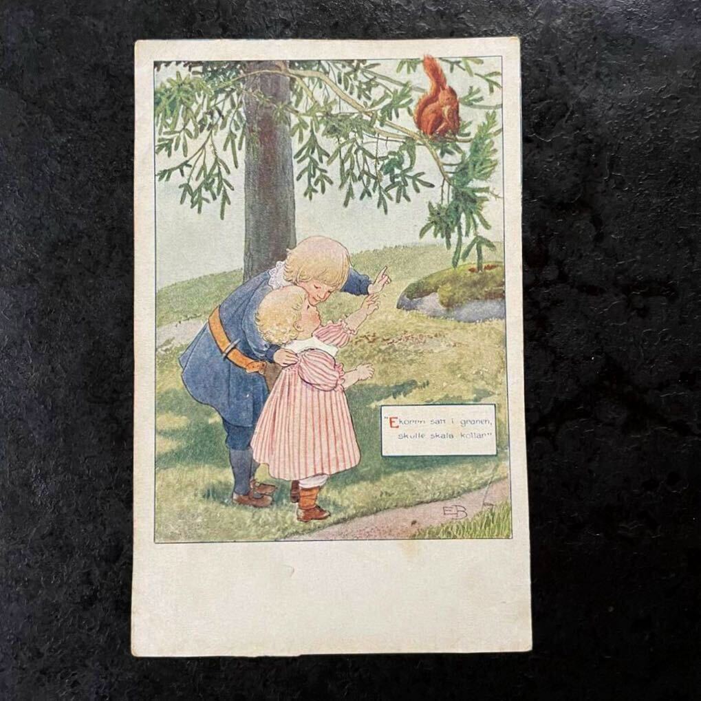 Elsa Beskow エルサ・ベスコフ ★ アンティーク ポストカード 絵本作家 Ekorrn squirrel 挿絵 リス 女の子 少女 スウェーデン 絵葉書_画像1