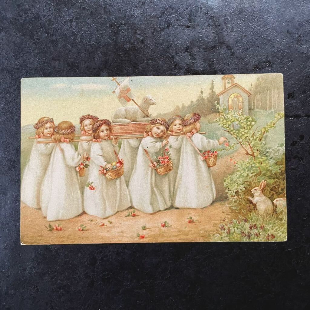 e-s ta-* античный открытка девушка девочка .. заяц цветок корзина .. праздник праздник e-s ta-eg Польша? открытка с видом 