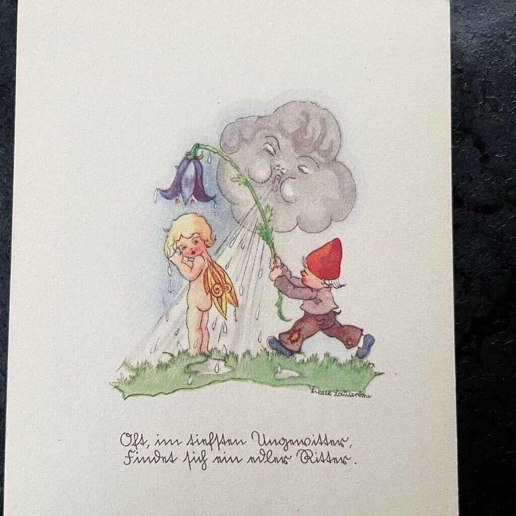 Liesel Lauterborn ★ ヴィンテージ ポストカード 妖精 天使 小人 ドワーフ 雲 シャワー 可愛い 花 ドイツ 絵葉書の画像2