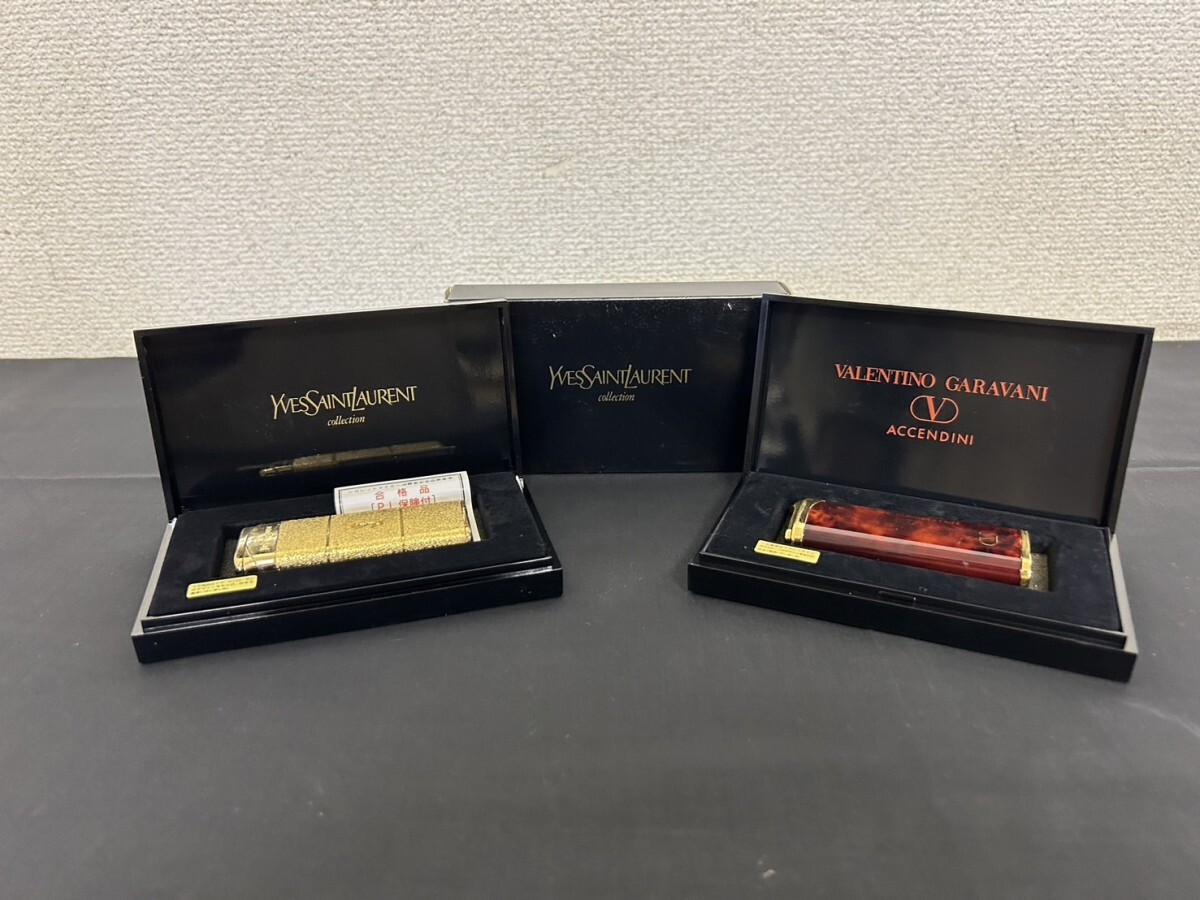 A2　ブランドライター 2点　YSL　イヴサンローラン　YS-333　Gハンドカット　VALENTINO GARAVANI　ガスライター　箱付　現状品_画像1