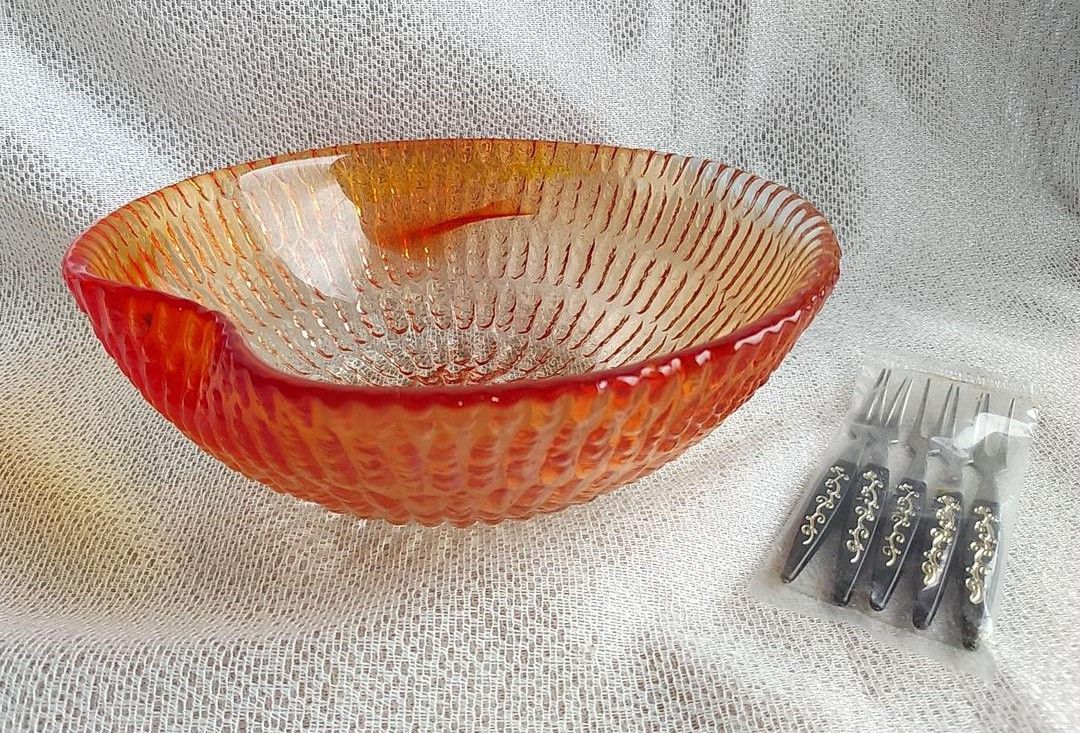 フルーツ皿◆サラダボウル◆ガラス大皿◆新品未使用◆オレンジ系◆昭和レトロ 大鉢