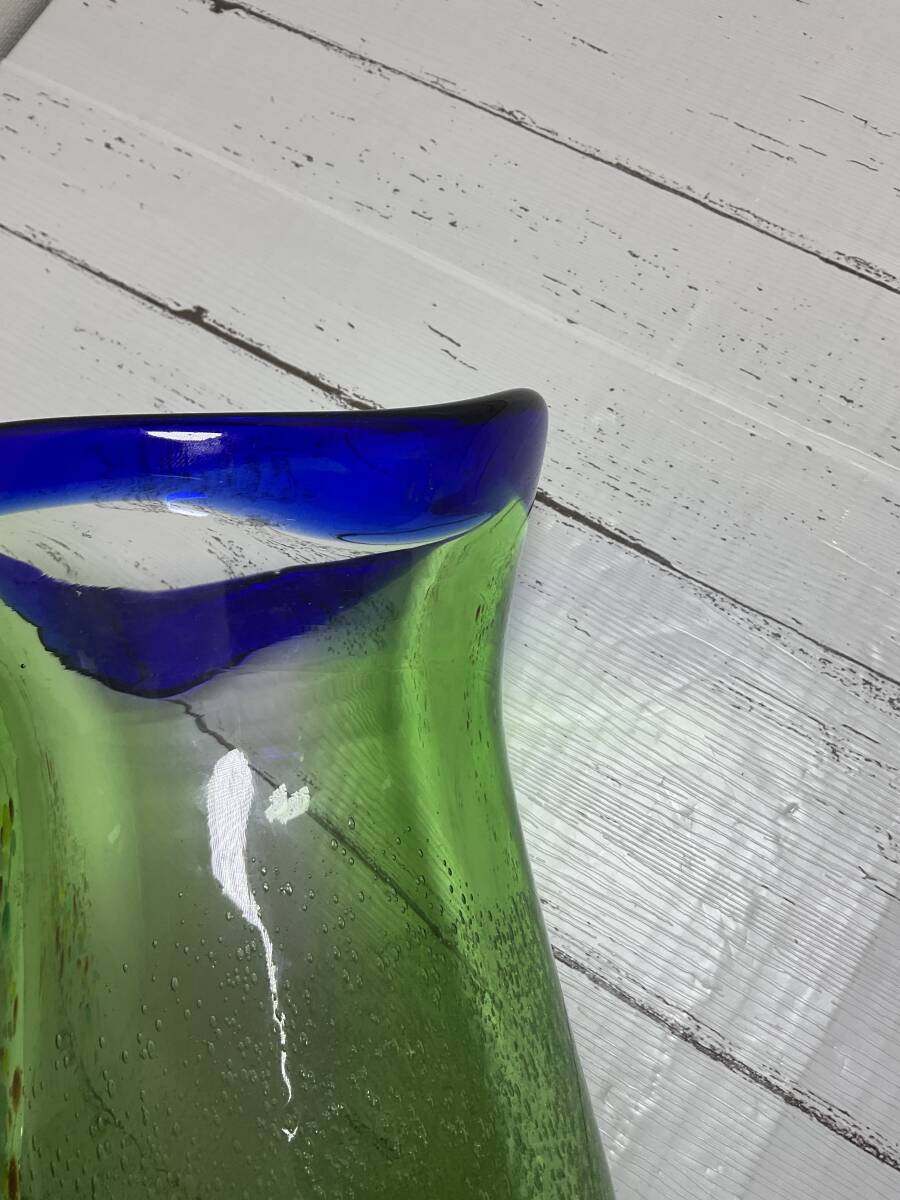 ガラス工芸　グリーン×ブルー　フラワーベース　気泡デザイン　琉球ベネチア　びいどろ_画像9