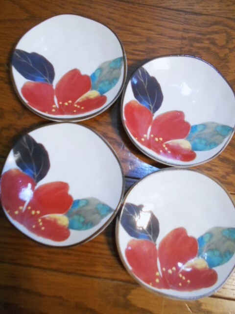 美濃焼 和藍・＆藍/花ものがたり◆美しいさざんか柄(山茶花)の小皿 4枚 未使用品の画像1