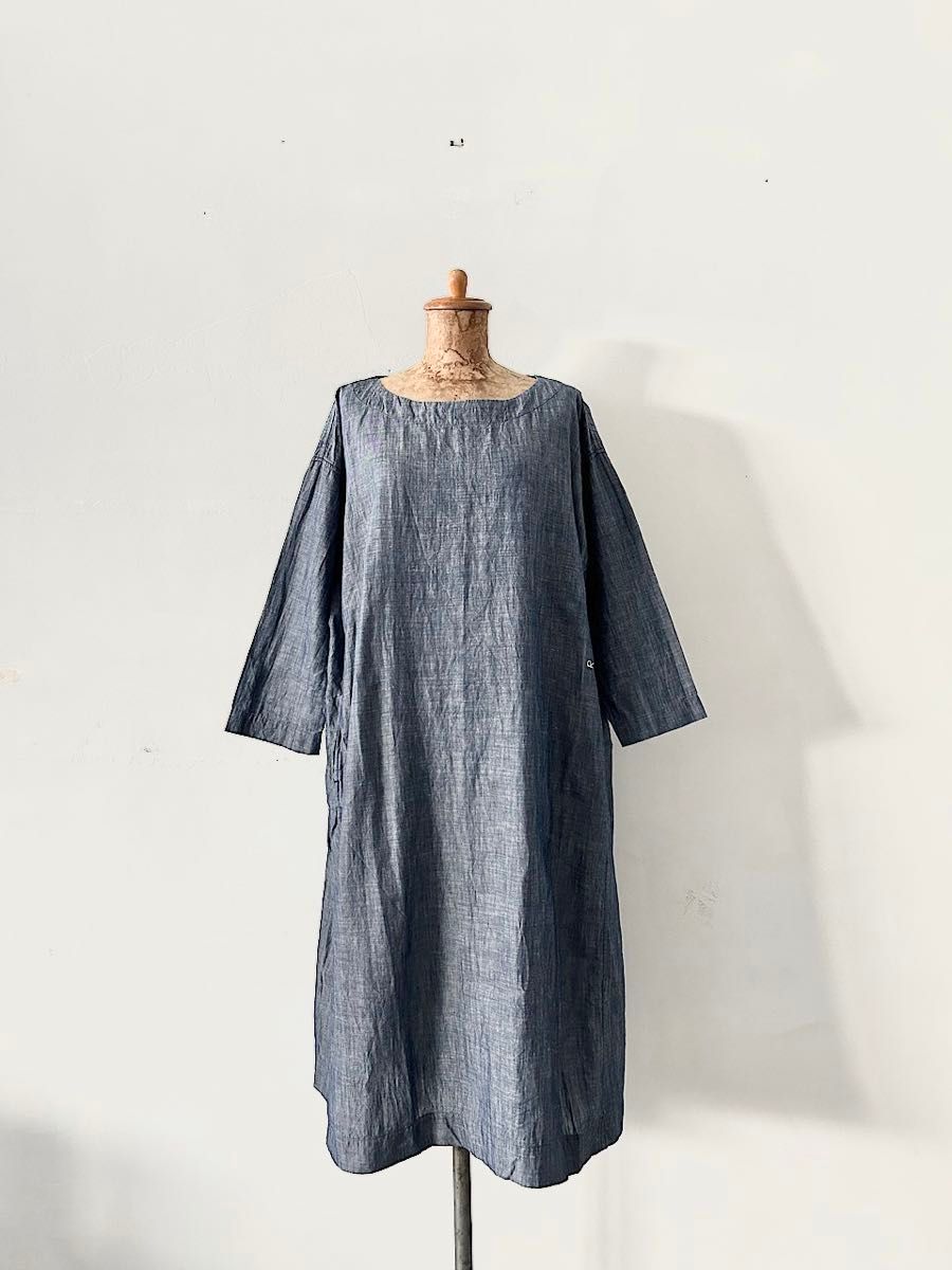 【美品】45R　HERITAGE　コットンリネンダンガリーの馬比古ドレス