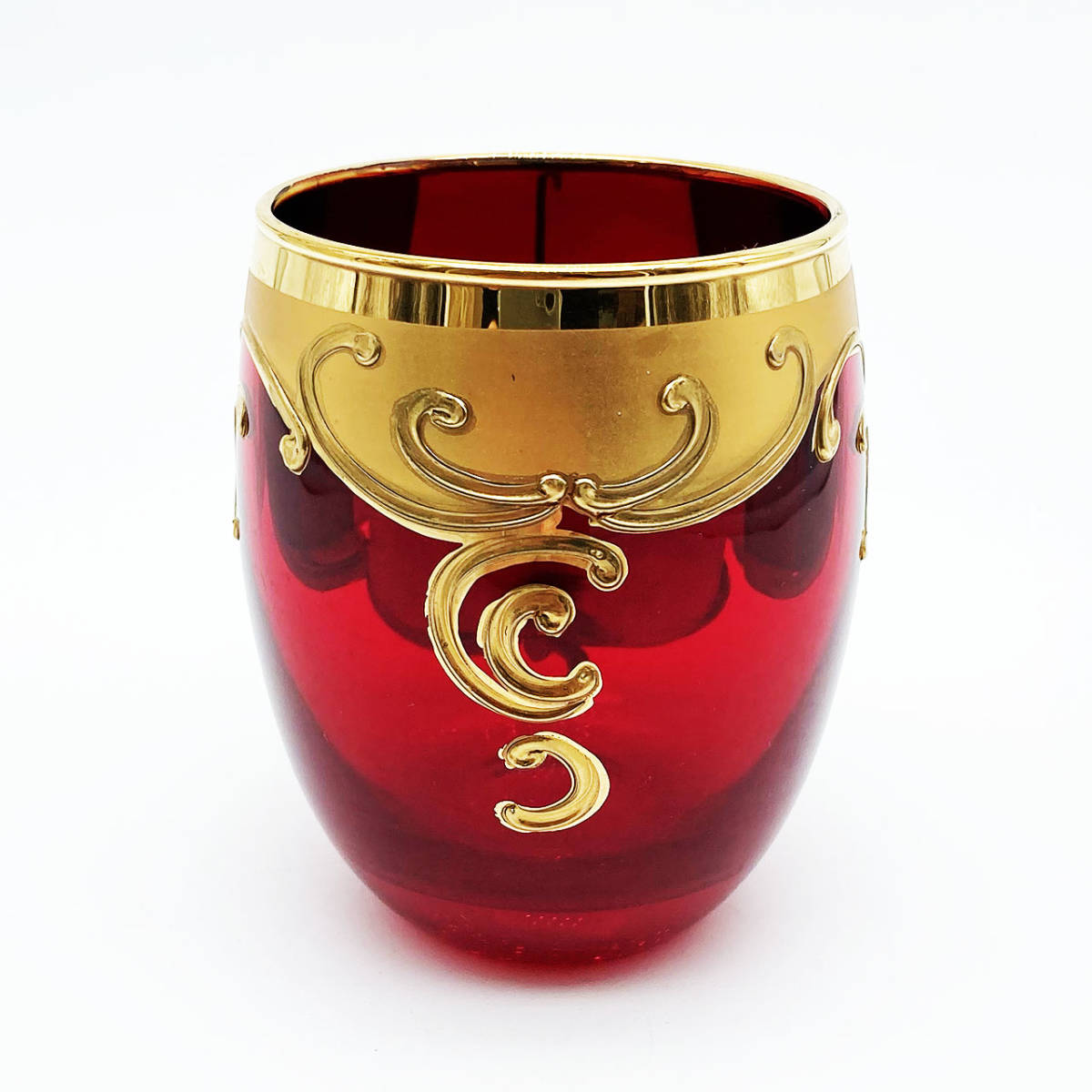 ヴェネチアガラス ムラノ イタリア ワイングラス レッド ゴールド 金彩 花紋 ベネチアン グラス 8.0cmの画像3
