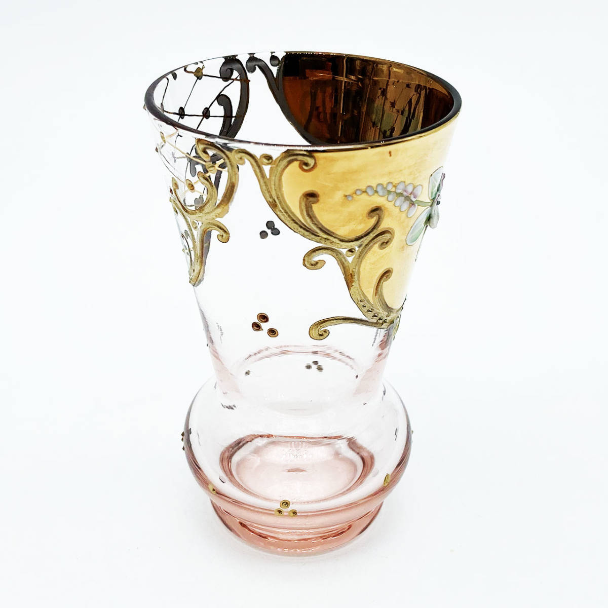 ボヘミアガラス チェコ 花瓶 淡桜色 ゴールド 金彩 花紋 ボヘミアン グラス 9.0cm_画像5