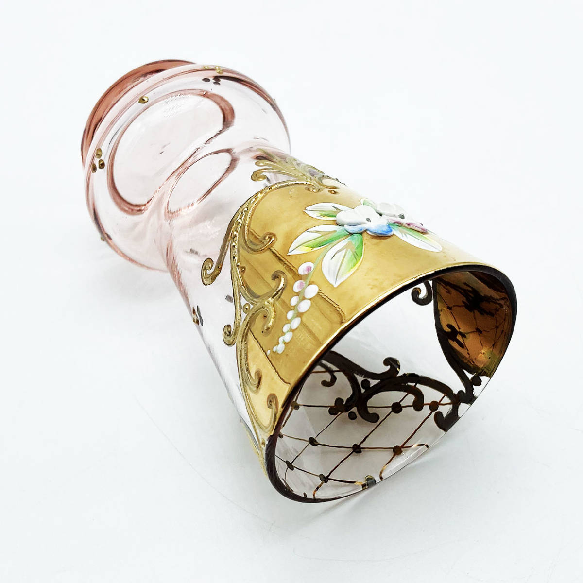 ボヘミアガラス チェコ 花瓶 淡桜色 ゴールド 金彩 花紋 ボヘミアン グラス 9.0cmの画像8
