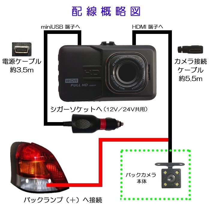 ドライブレコーダー* 3インチ 一体型 HD液晶 フルHD 1080P 前後同時録画 駐車監視 リアカメラ付 16GBカード付 1年保証_画像9