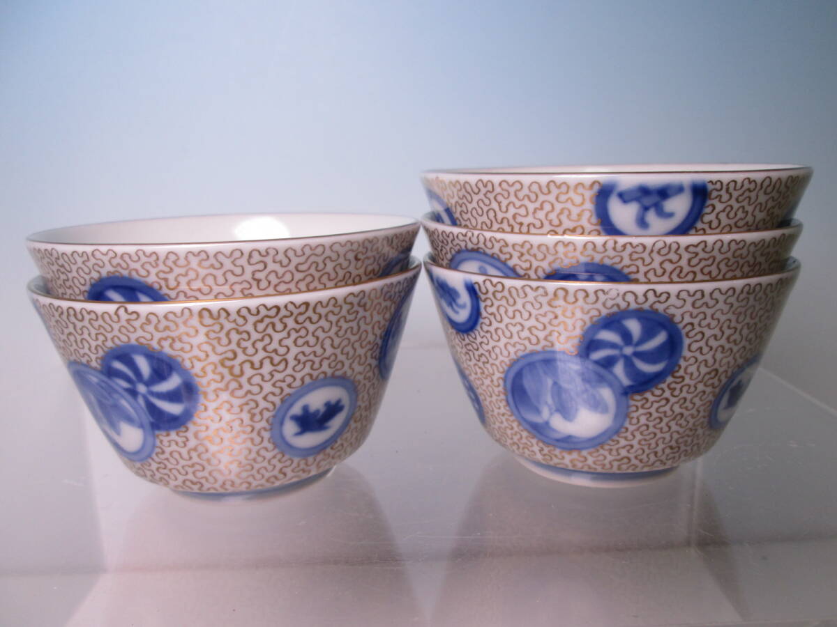 ☆煎茶道具 深川製磁 染錦 細密唐草丸紋 煎茶揃い 煎茶碗 五客 ☆煎茶道具 深川製磁 染錦 細密唐草丸紋 煎茶揃い 煎茶碗 五客