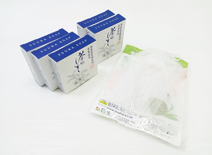 下松)【未使用】悠香 茶のしずく 悠香の石鹸 60ｇ 5個セット 泡立てネット付き ◆N2403042 MC17A_画像1