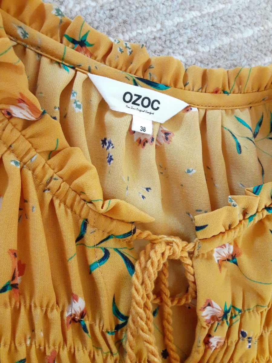 OZOC ベルスリーブ花柄ロングシャツワンピース リボンベルト マスタード 黄色 