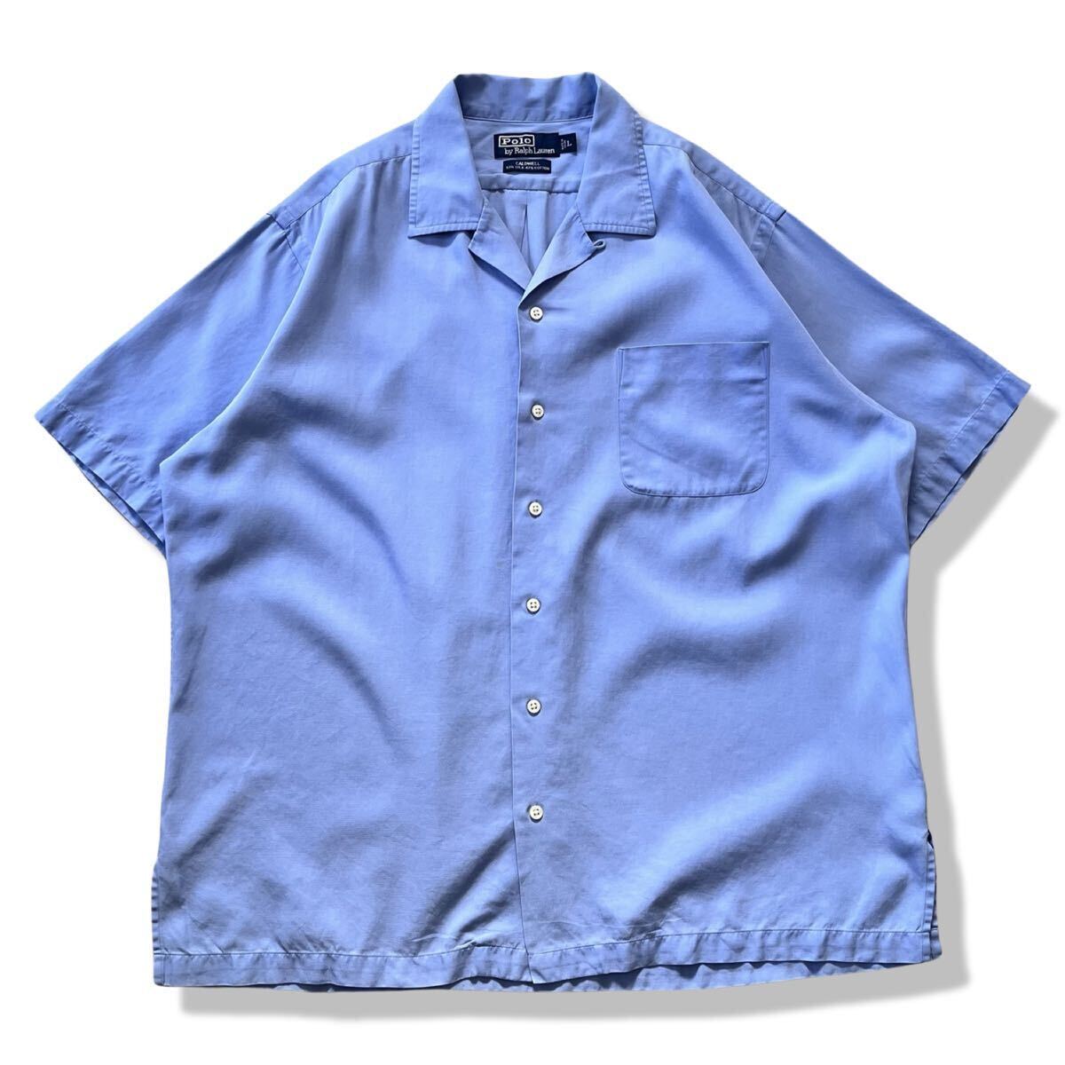 【90s】ポロラルフローレン CALDWELL シルク混 半袖 オープンカラーシャツ サックスブルー L コールドウェル rrl ヴィンテージ  開襟シャツ