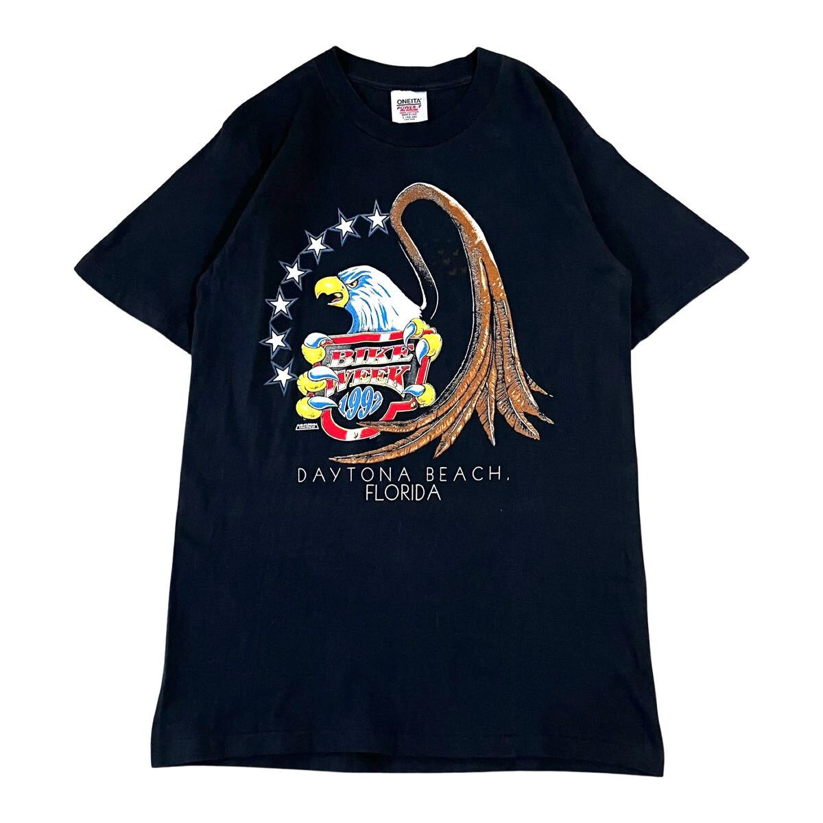 【90s】ONEITA(オニータ) イーグルプリント バイクTシャツ ブラック L 半袖 クルーネック シングルステッチ ヴィンテージTシャツ USA製_画像1